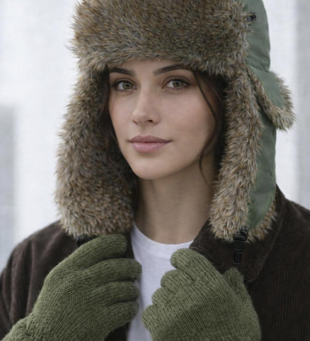 Faux Fur Trapper Hat & Ribbed Knitted Gloves Set in Green