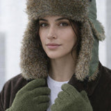 Faux Fur Trapper Hat & Ribbed Knitted Gloves Set in Green