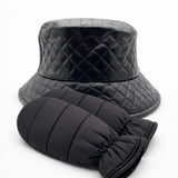 Quilted Bucket Hat & Quilted Mittens Set in Black
