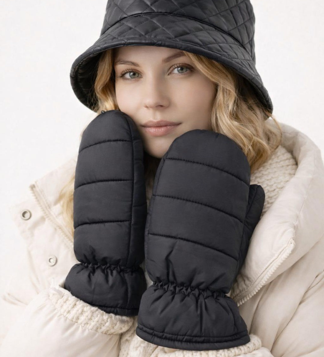 Quilted Bucket Hat & Quilted Mittens Set in Black