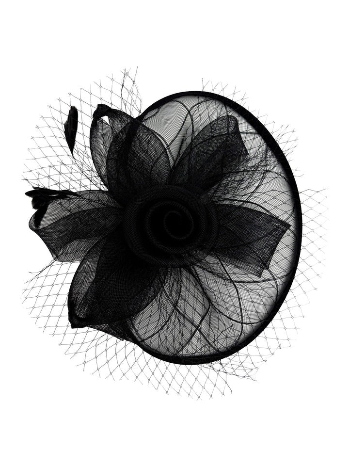 Floral Bow Mesh Detailing Fascinator in Black - svnx