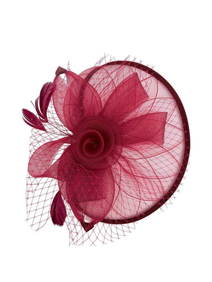Floral Bow Mesh Detailing Fascinator in Maroon - svnx