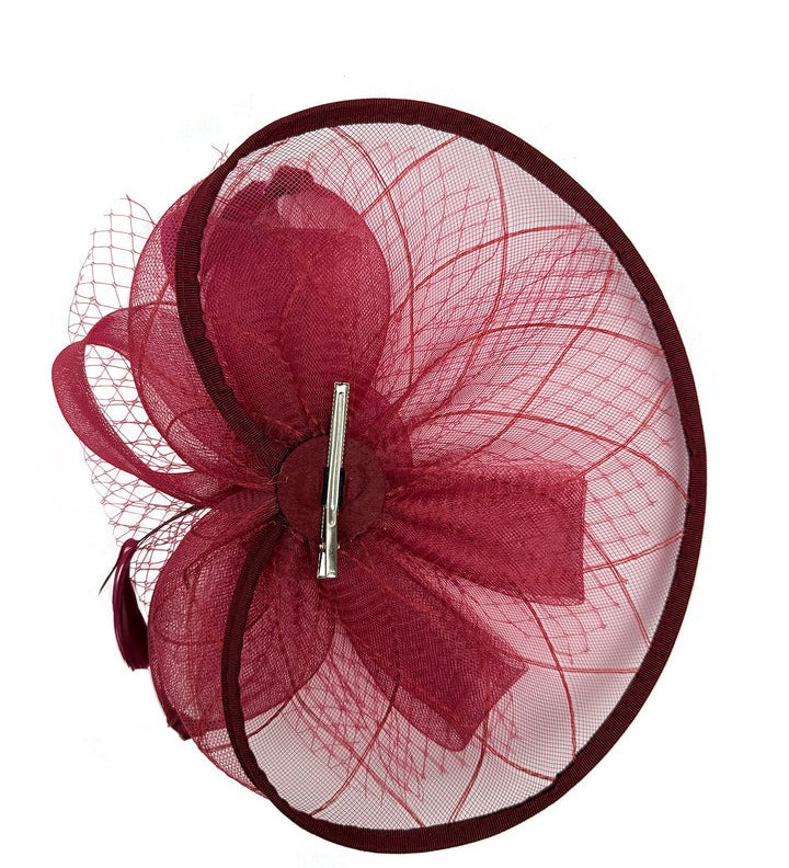 Floral Bow Mesh Detailing Fascinator in Maroon - svnx