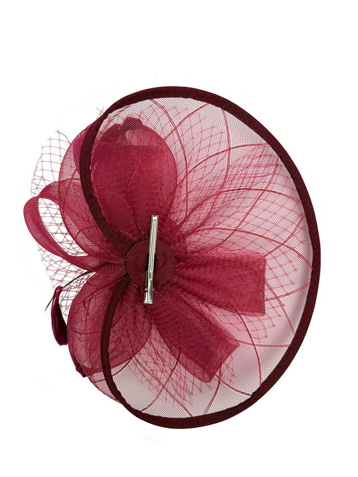 Floral Bow Mesh Detailing Fascinator in Maroon - svnx