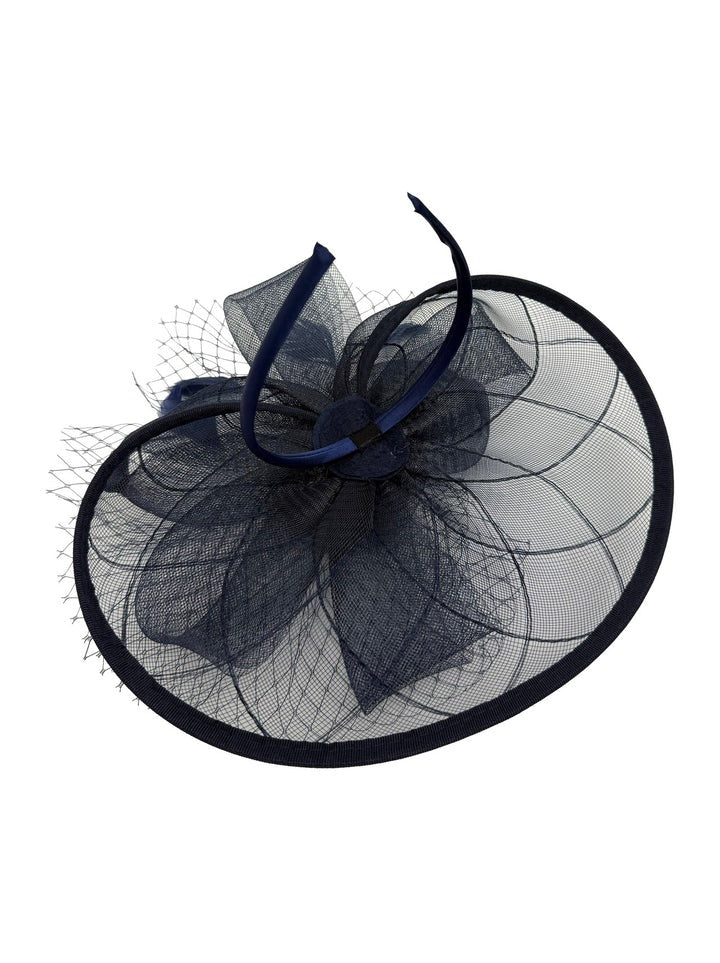 Floral Bow Mesh Detailing Fascinator in Navy - svnx