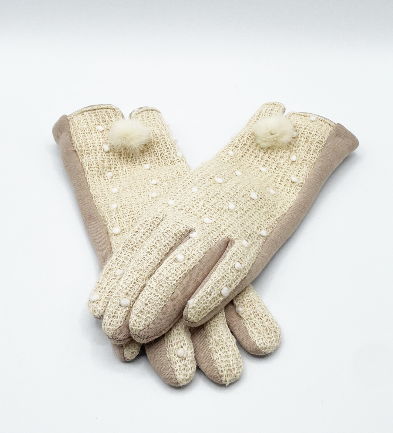 Beige crochet gloves with Pom Pom - svnx