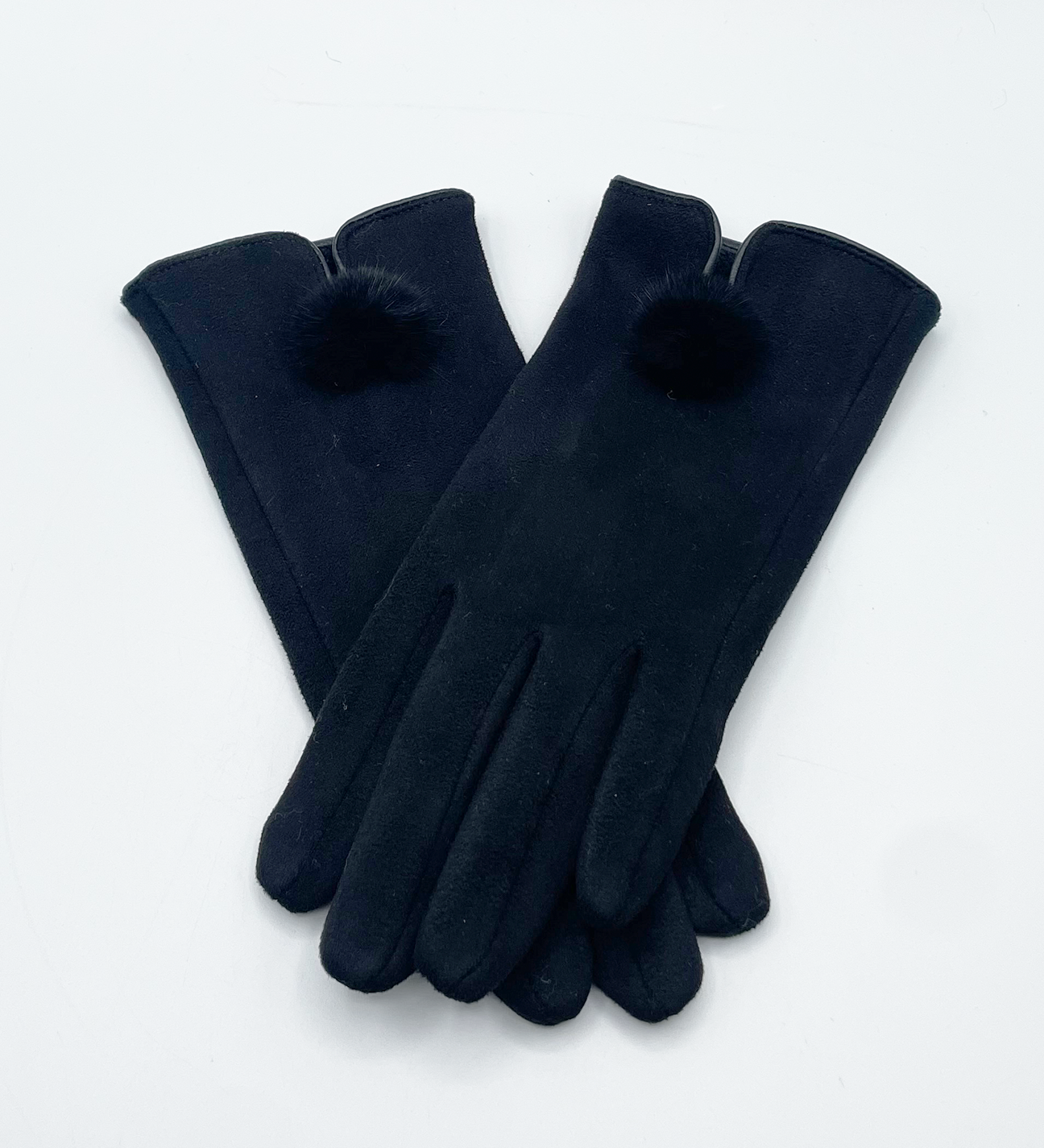 Sleek Black Gloves With Pom Pom - svnx