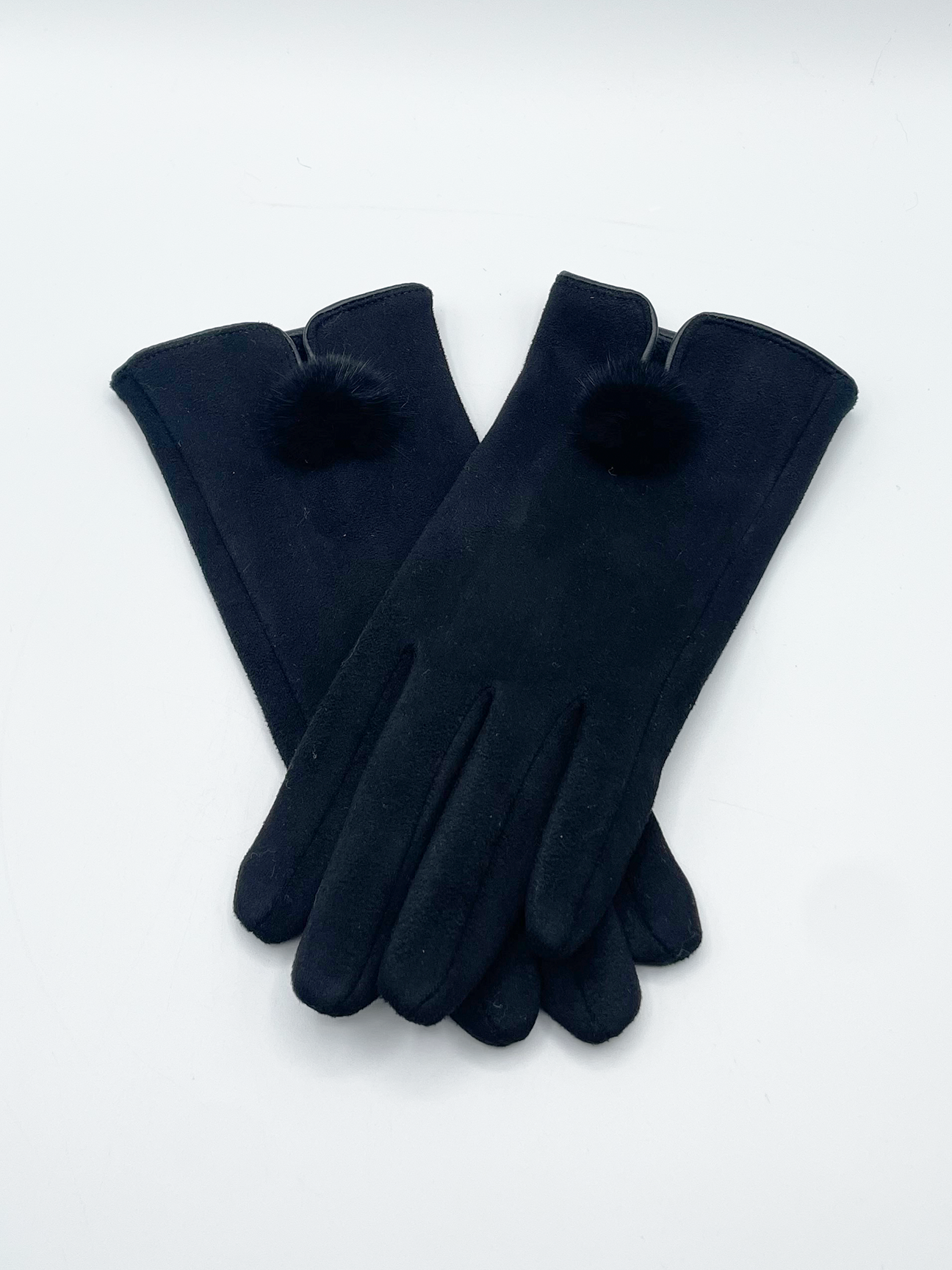 Sleek Black Gloves With Pom Pom - svnx