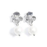 Flower Drop Pearl Earrings in Silver