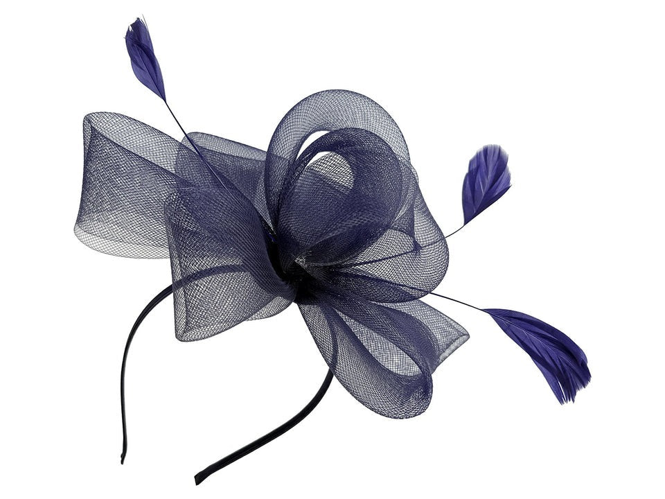 Flower & Feathers Fascinator Hat with Headband & Clip in Navy - svnx