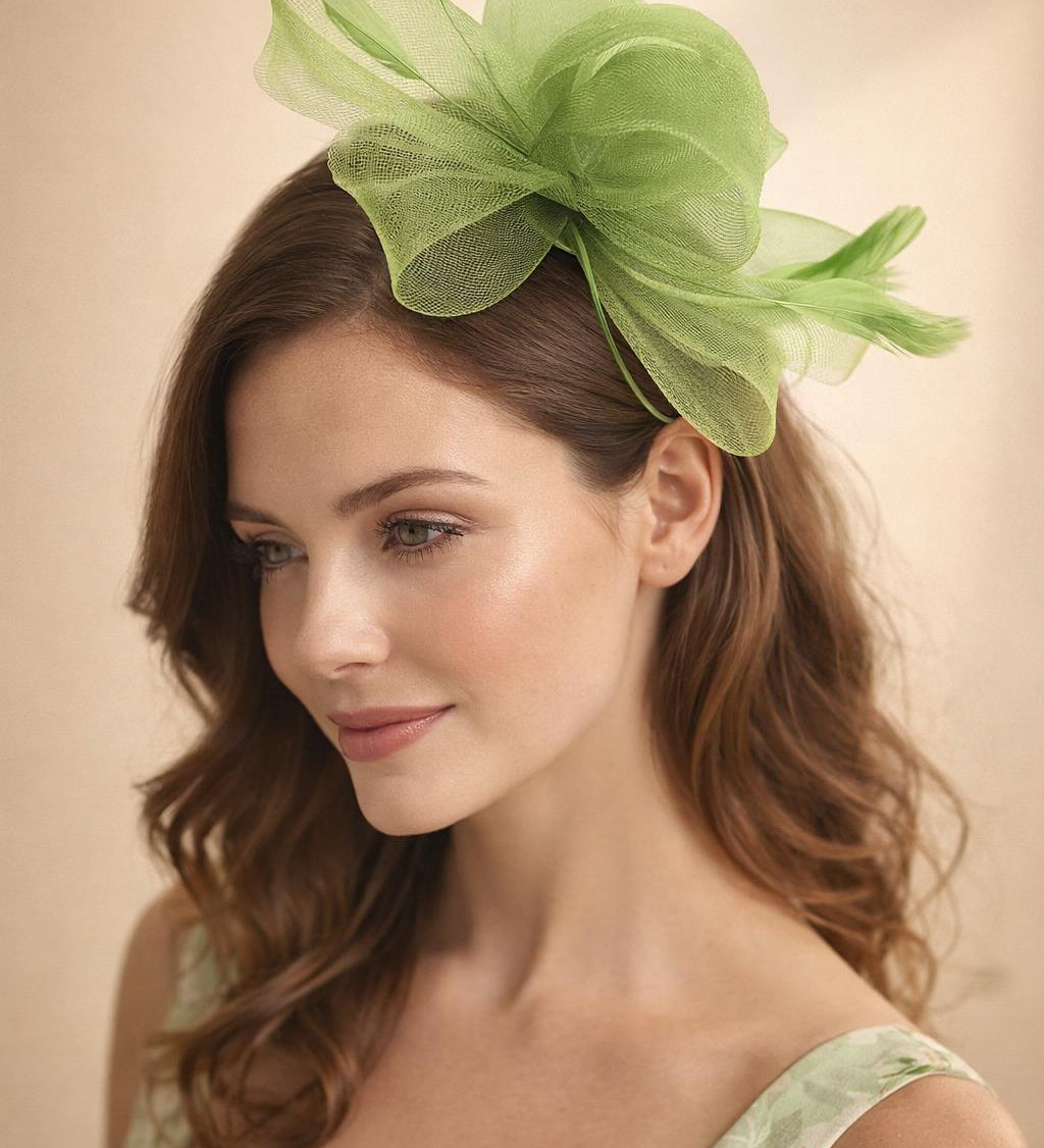 Flower & Feathers Fascinator Hat with Headband & Clip in Green - svnx