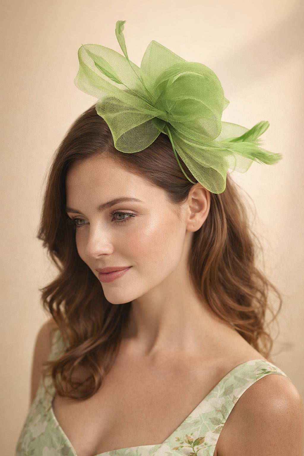 Flower & Feathers Fascinator Hat with Headband & Clip in Green - svnx