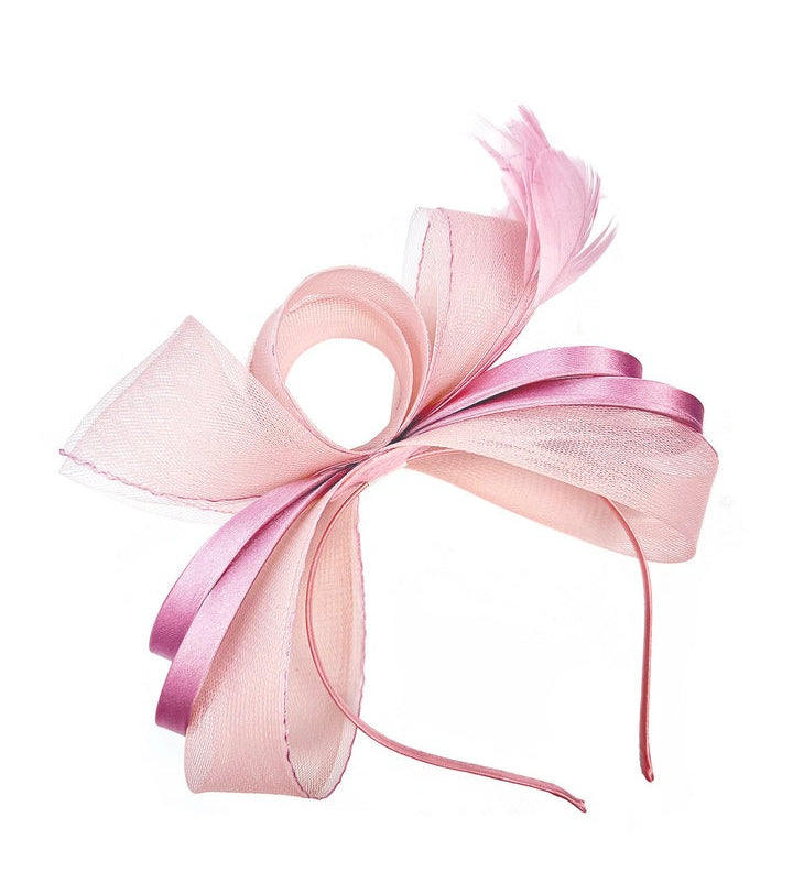 Bow Shaped Fascinator with Satin Loops & Feathers in Pink - svnx