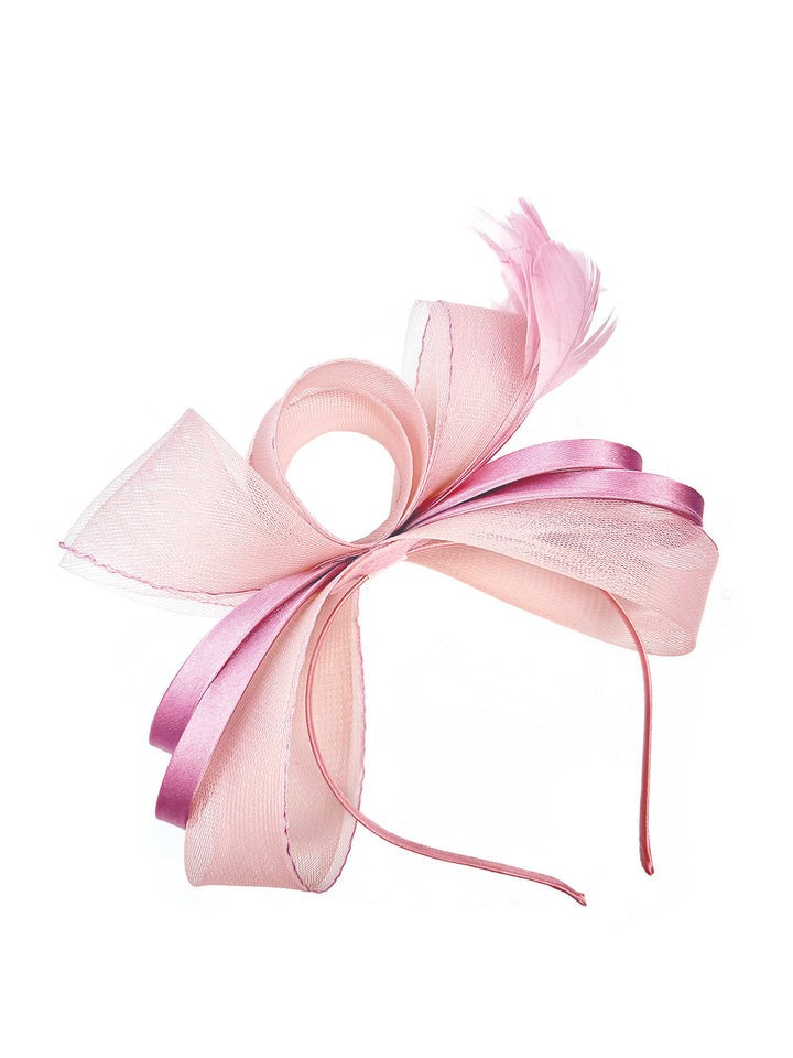 Bow Shaped Fascinator with Satin Loops & Feathers in Pink - svnx