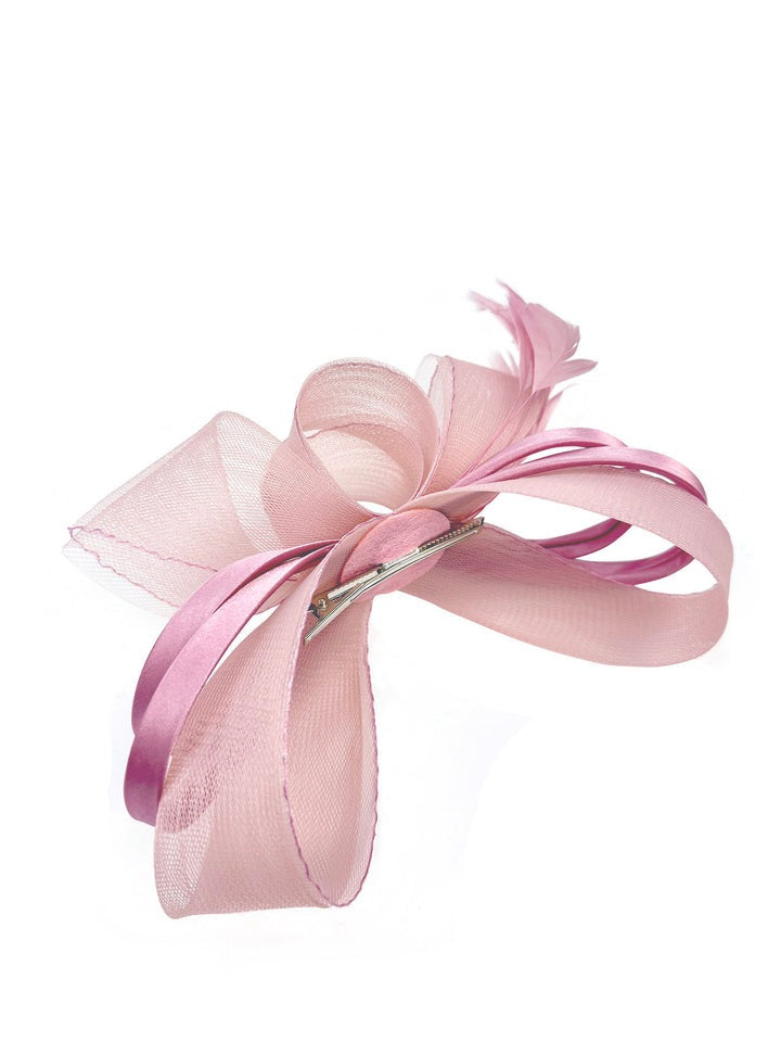 Bow Shaped Fascinator with Satin Loops & Feathers in Pink - svnx
