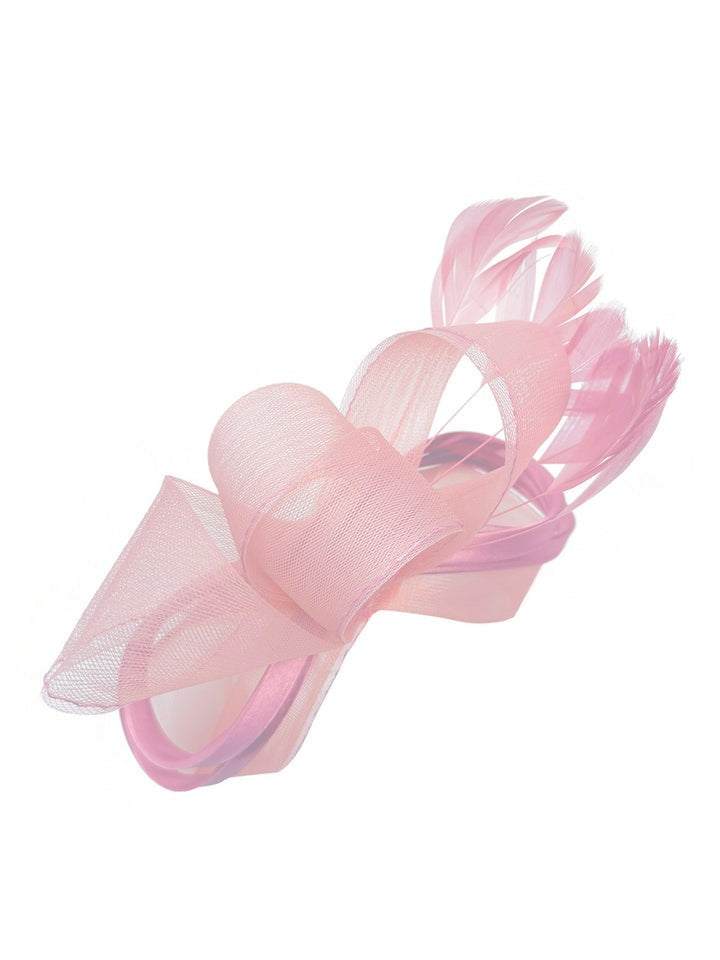 Bow Shaped Fascinator with Satin Loops & Feathers in Pink - svnx