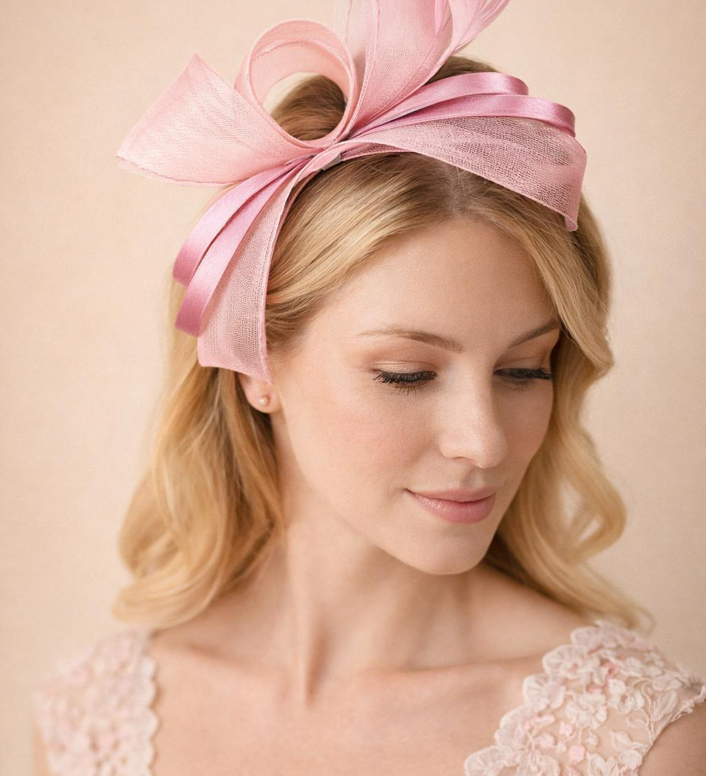 Bow Shaped Fascinator with Satin Loops & Feathers in Pink - svnx