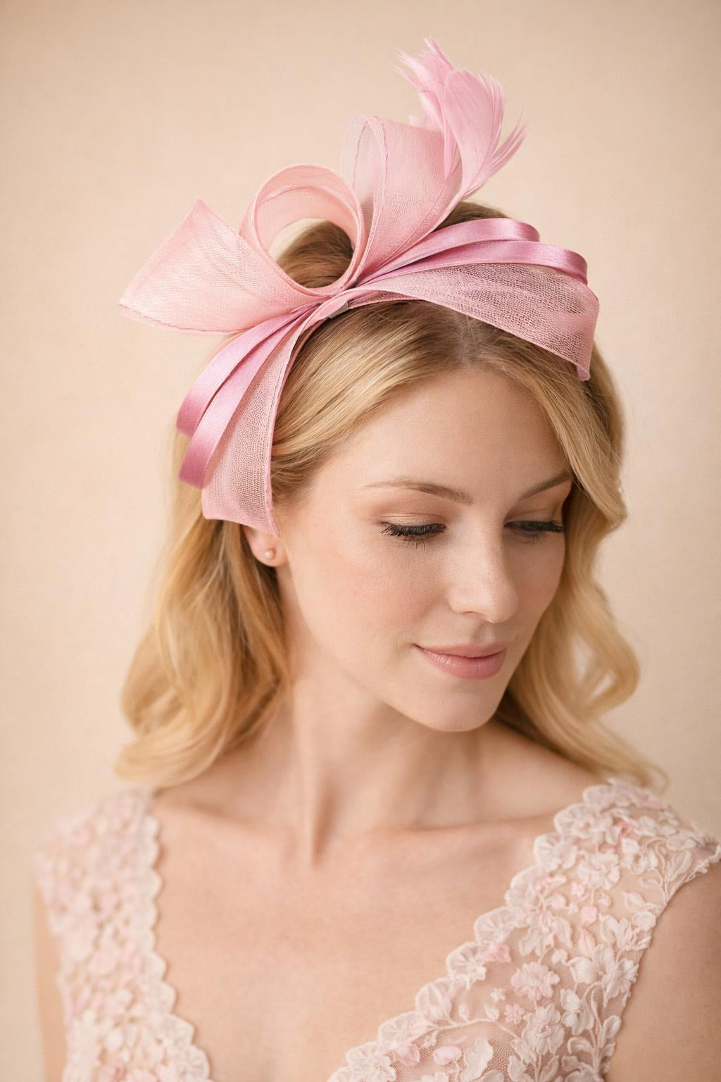 Bow Shaped Fascinator with Satin Loops & Feathers in Pink - svnx