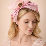 Bow Shaped Fascinator with Satin Loops & Feathers in Pink - svnx