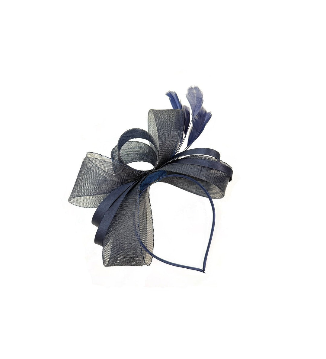 Bow Shaped Fascinator with Satin Loops & Feathers in Navy - svnx