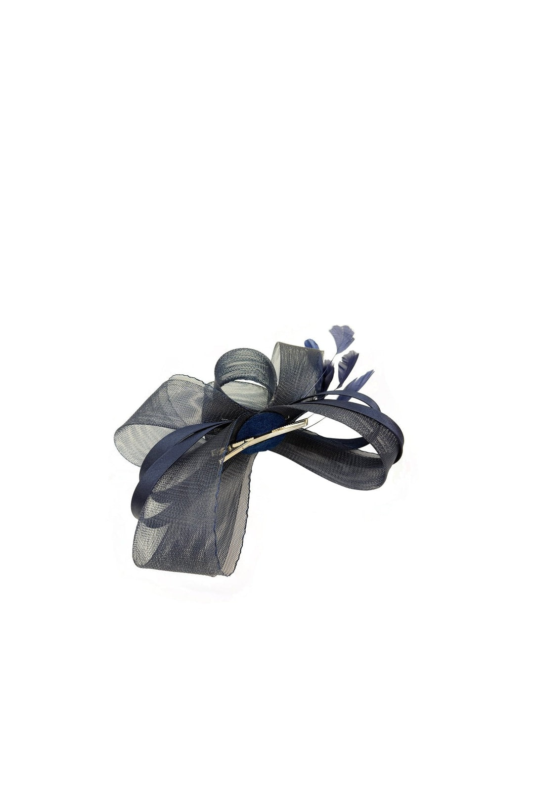 Bow Shaped Fascinator with Satin Loops & Feathers in Navy - svnx
