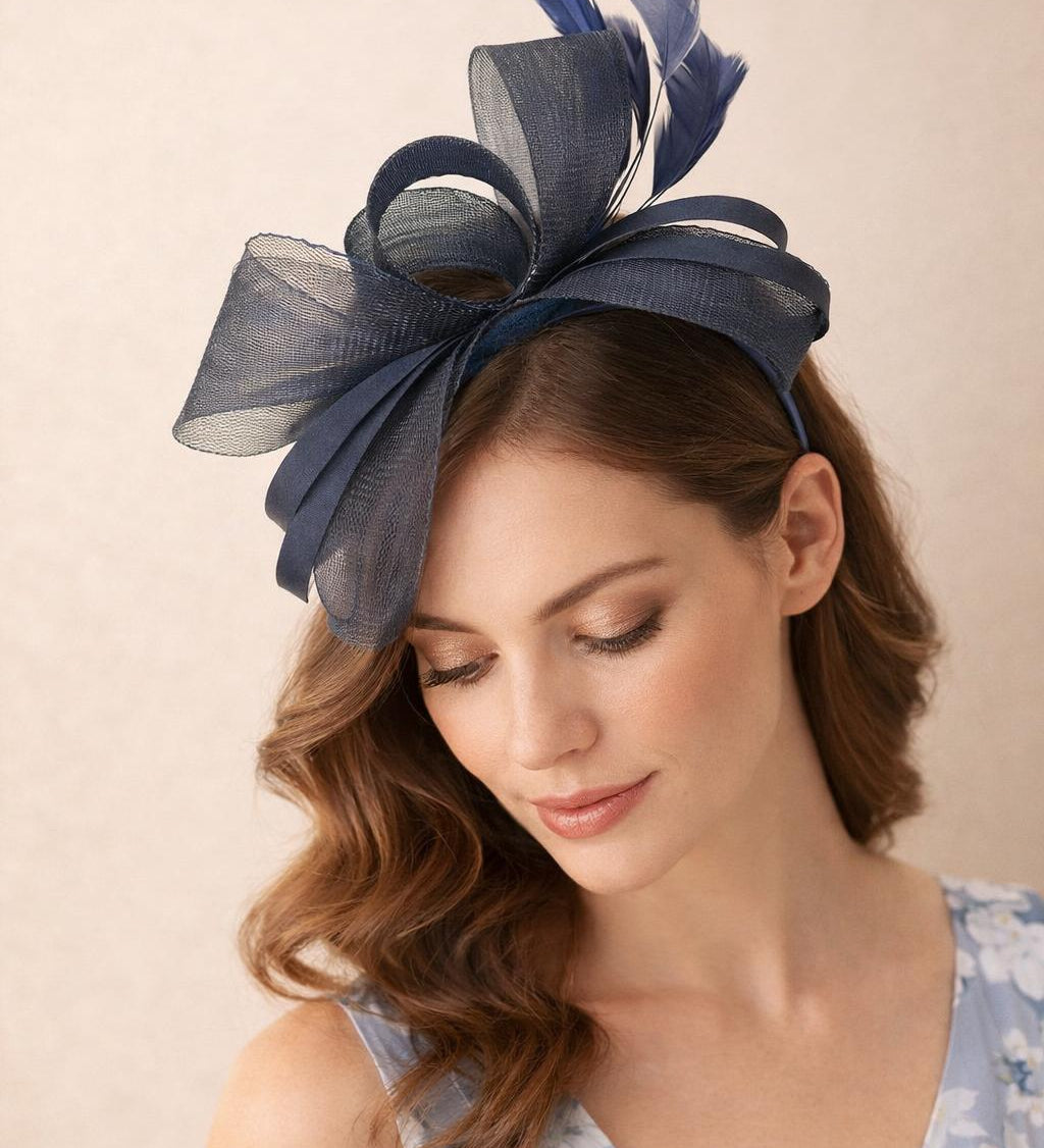 Bow Shaped Fascinator with Satin Loops & Feathers in Navy - svnx