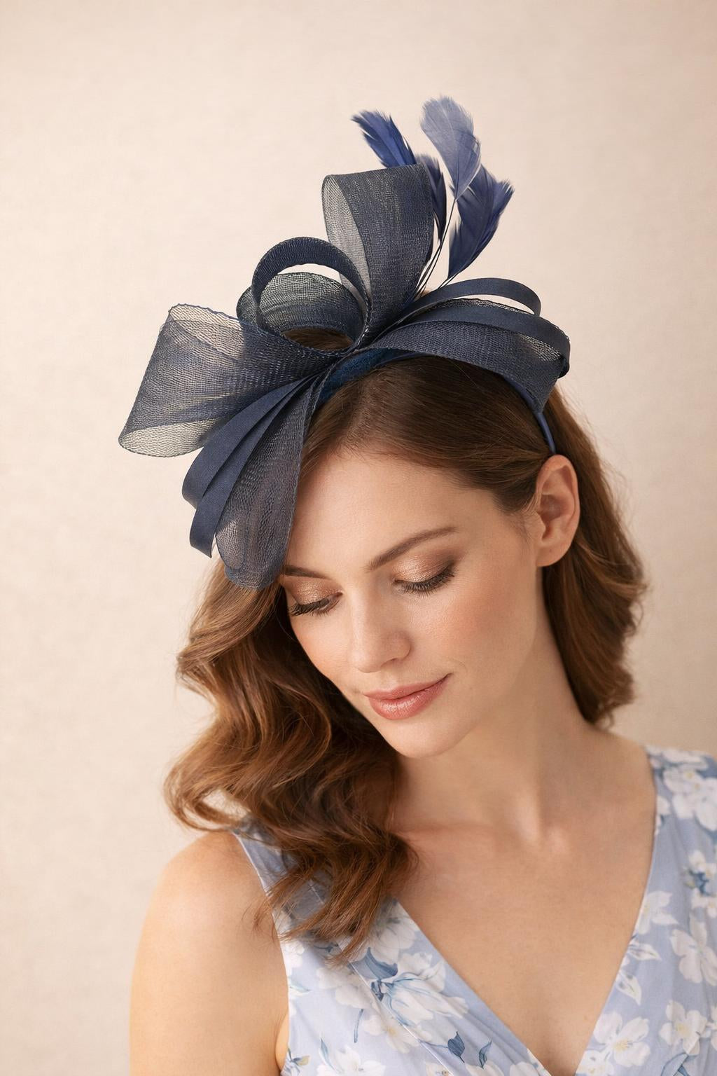 Bow Shaped Fascinator with Satin Loops & Feathers in Navy - svnx