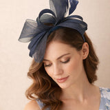 Bow Shaped Fascinator with Satin Loops & Feathers in Navy - svnx