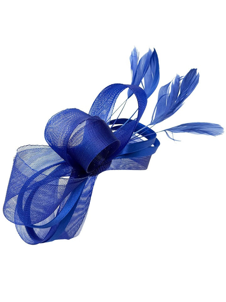 Bow Shaped Fascinator with Satin Loops & Feathers in Royal Blue - svnx