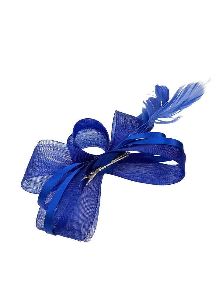 Bow Shaped Fascinator with Satin Loops & Feathers in Royal Blue - svnx