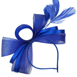 Bow Shaped Fascinator with Satin Loops & Feathers in Royal Blue - svnx