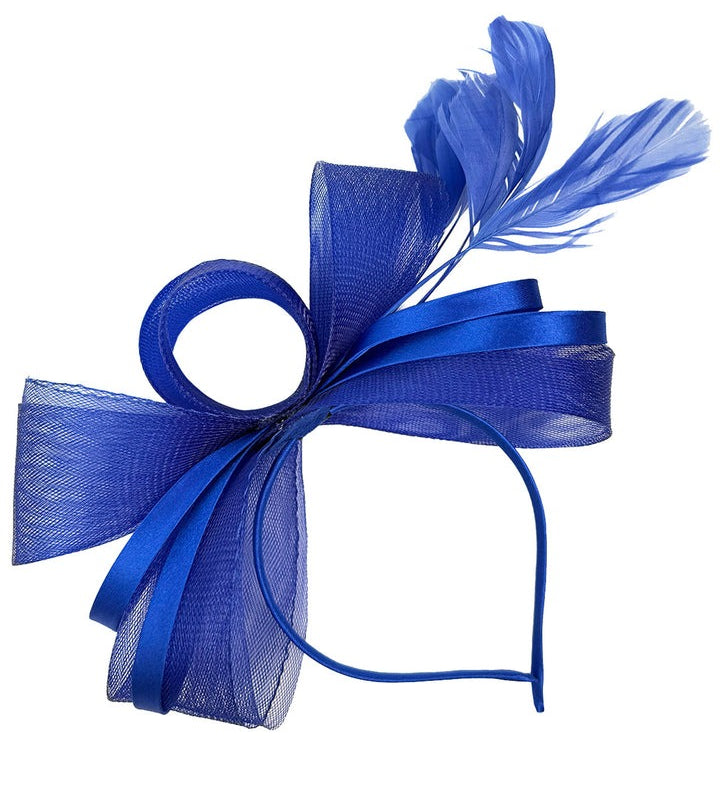 Bow Shaped Fascinator with Satin Loops & Feathers in Royal Blue - svnx