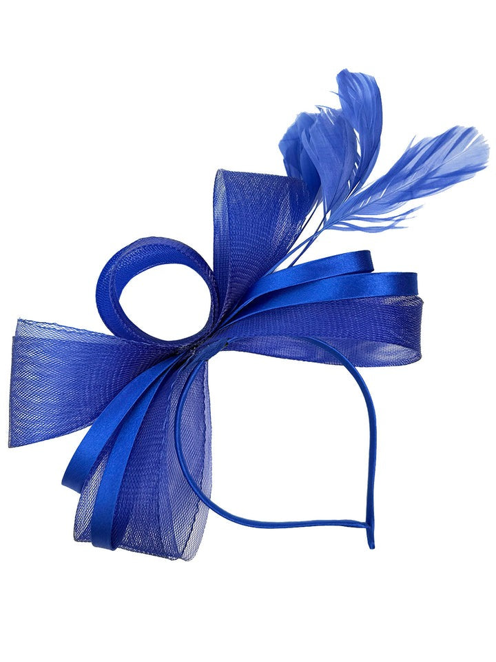 Bow Shaped Fascinator with Satin Loops & Feathers in Royal Blue - svnx