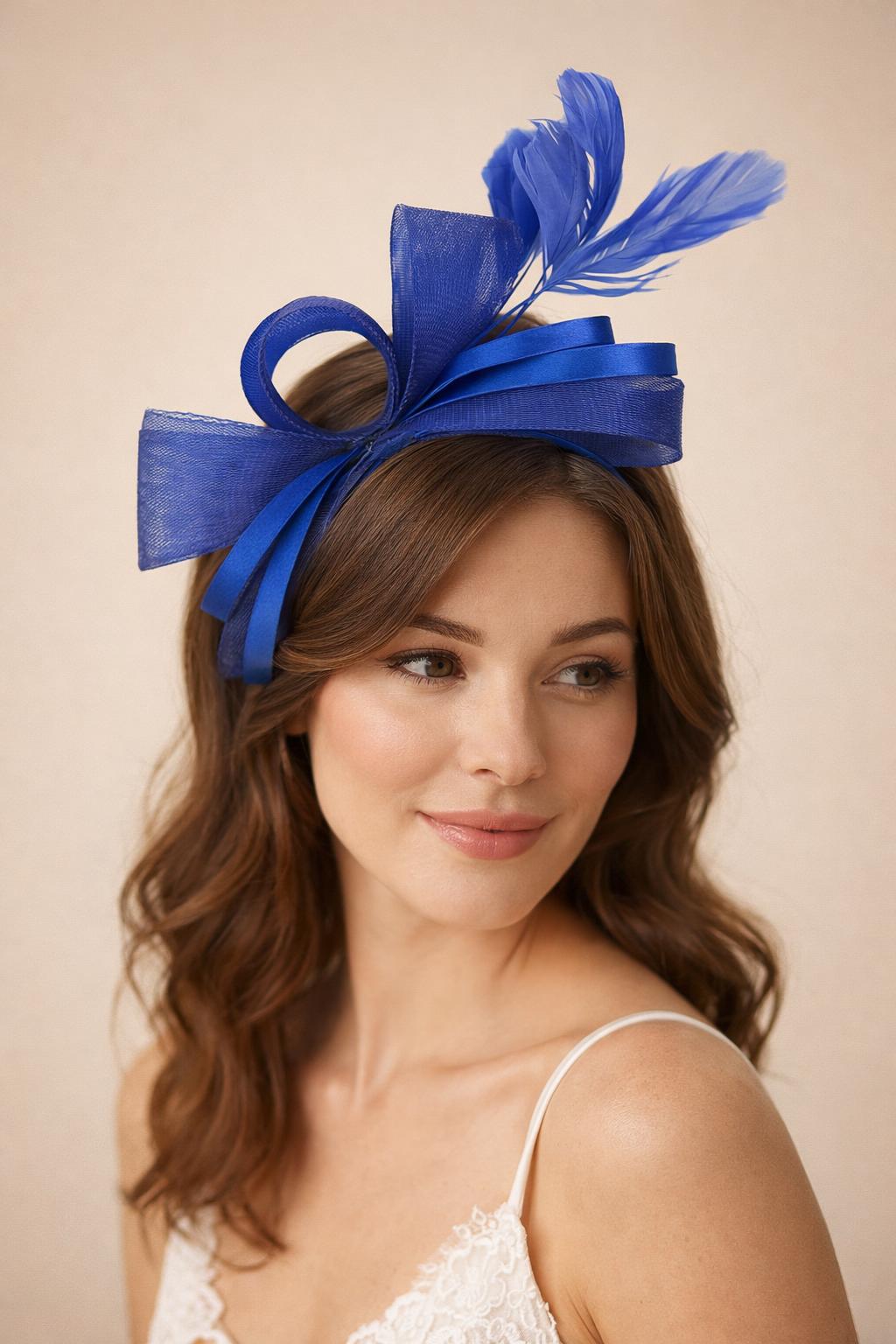 Bow Shaped Fascinator with Satin Loops & Feathers in Royal Blue - svnx
