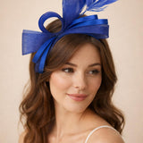 Bow Shaped Fascinator with Satin Loops & Feathers in Royal Blue - svnx