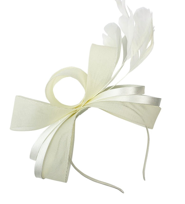 Bow Shaped Fascinator with Satin Loops & Feathers in Cream - svnx