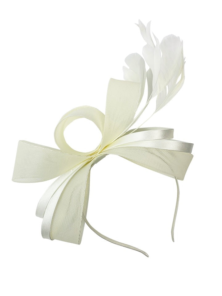 Bow Shaped Fascinator with Satin Loops & Feathers in Cream - svnx
