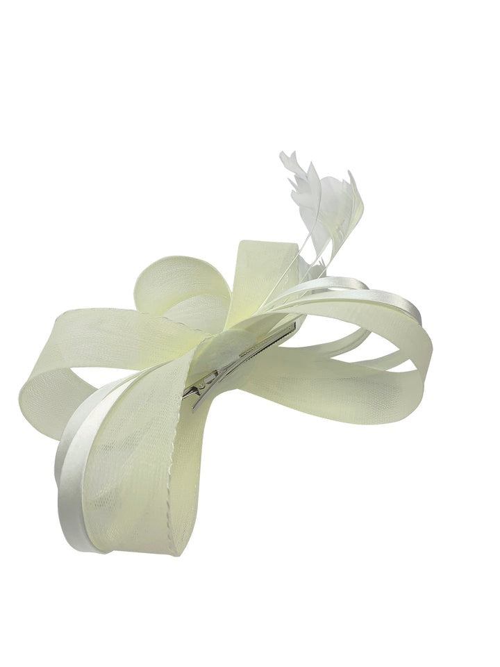 Bow Shaped Fascinator with Satin Loops & Feathers in Cream - svnx