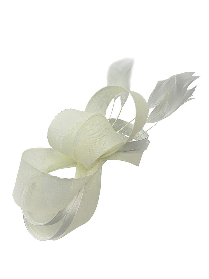 Bow Shaped Fascinator with Satin Loops & Feathers in Cream - svnx