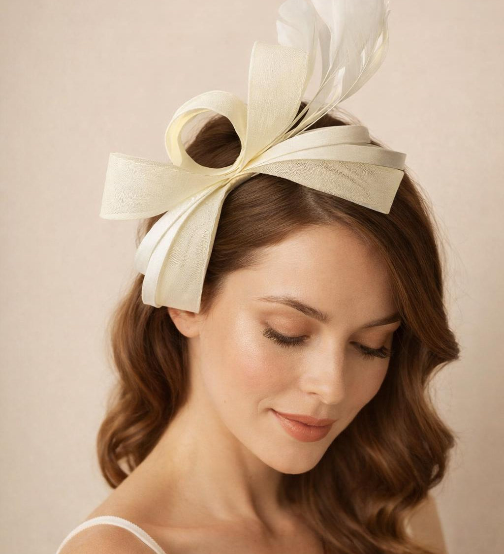 Bow Shaped Fascinator with Satin Loops & Feathers in Cream - svnx