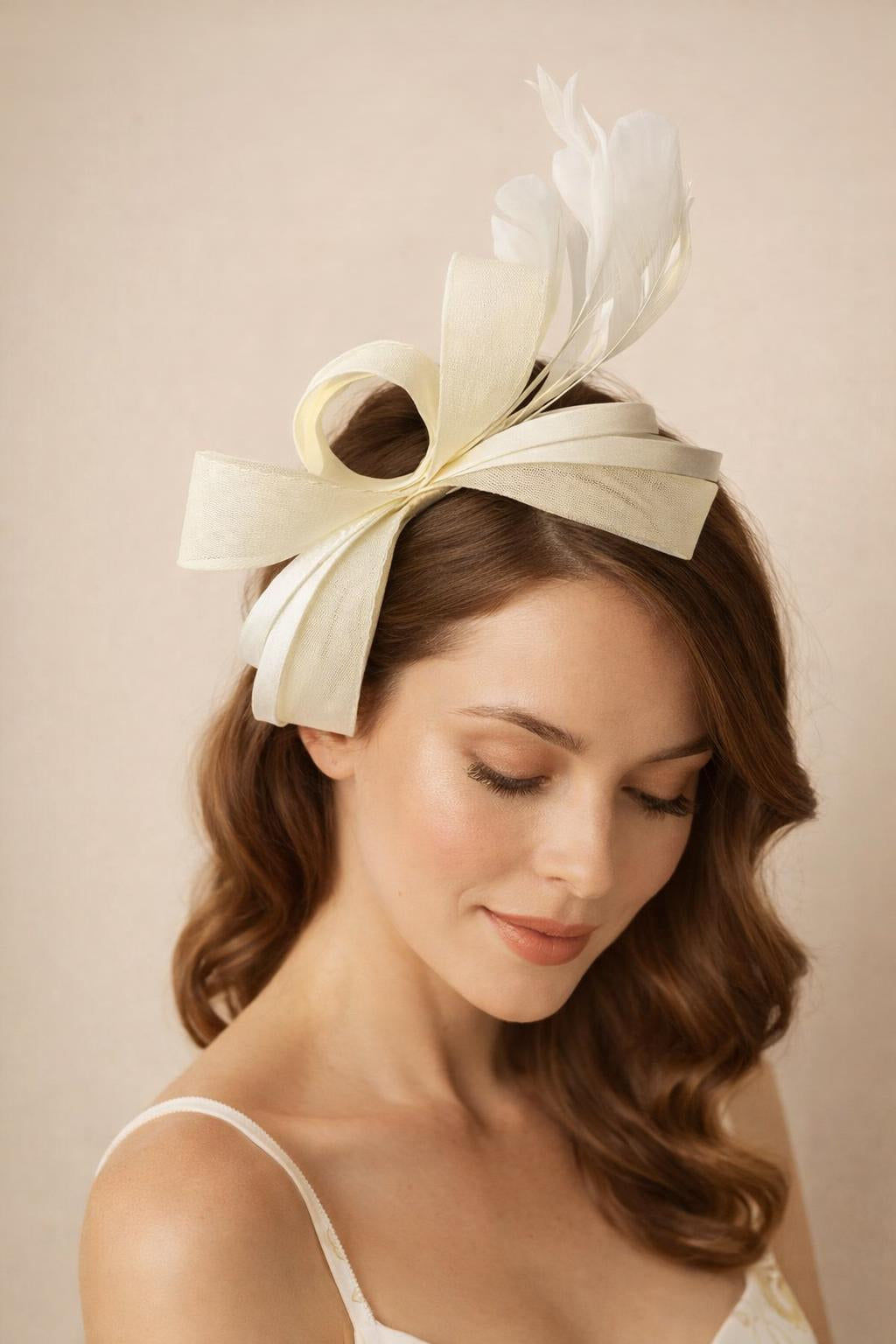 Bow Shaped Fascinator with Satin Loops & Feathers in Cream - svnx