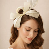 Bow Shaped Fascinator with Satin Loops & Feathers in Cream - svnx