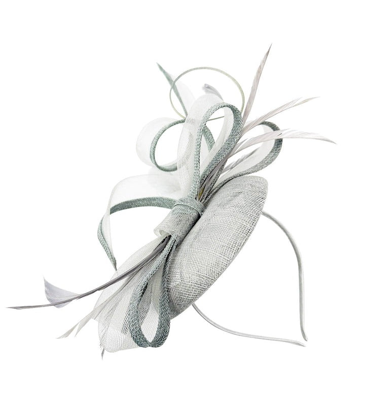 Round Pill Box Fascinator with Bow & Feathers in Grey - svnx