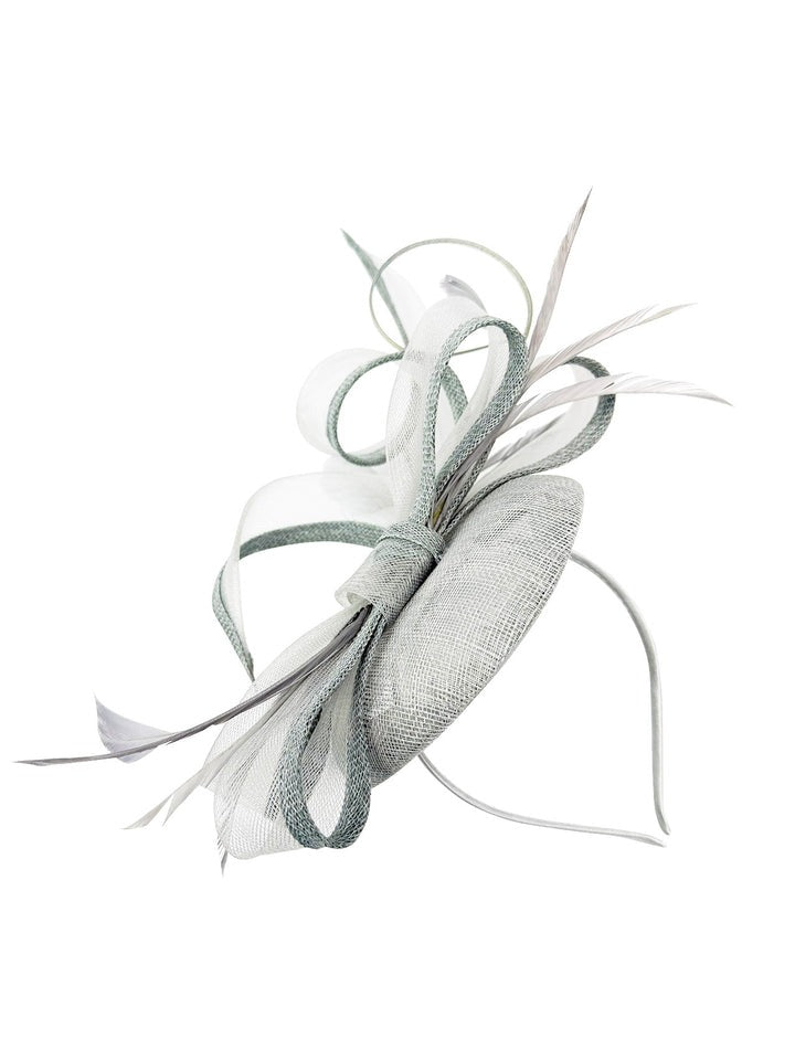 Round Pill Box Fascinator with Bow & Feathers in Grey - svnx