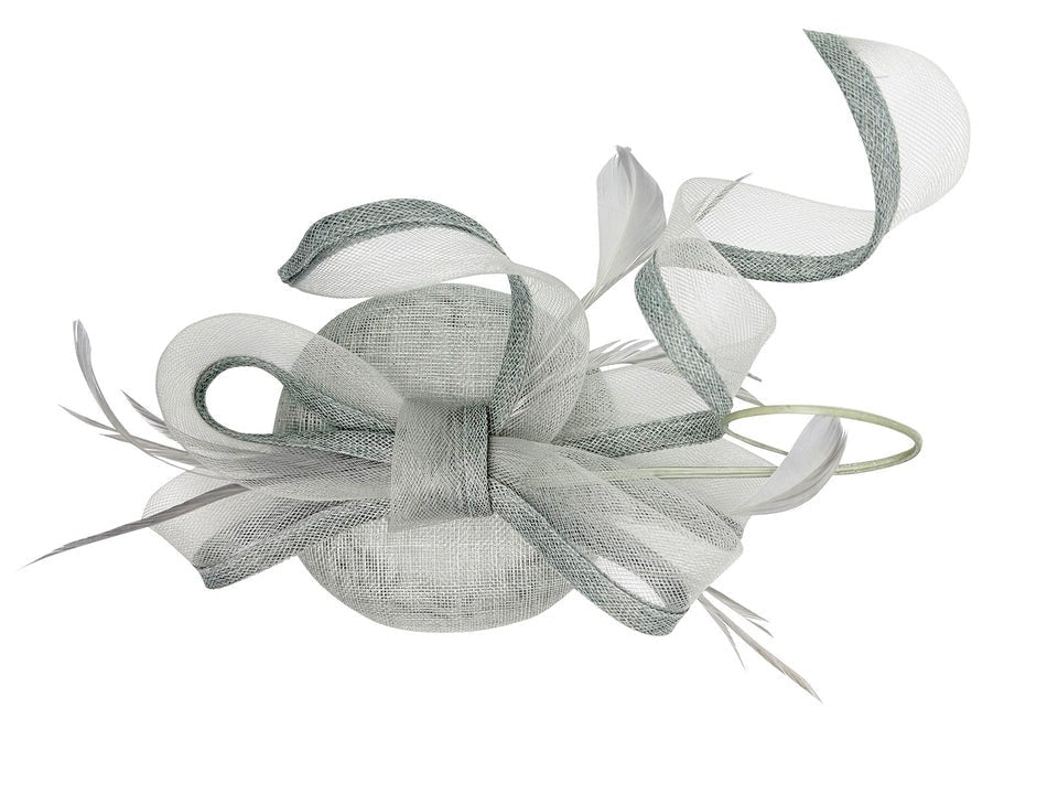 Round Pill Box Fascinator with Bow & Feathers in Grey - svnx