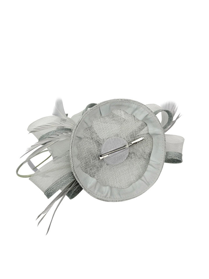 Round Pill Box Fascinator with Bow & Feathers in Grey - svnx