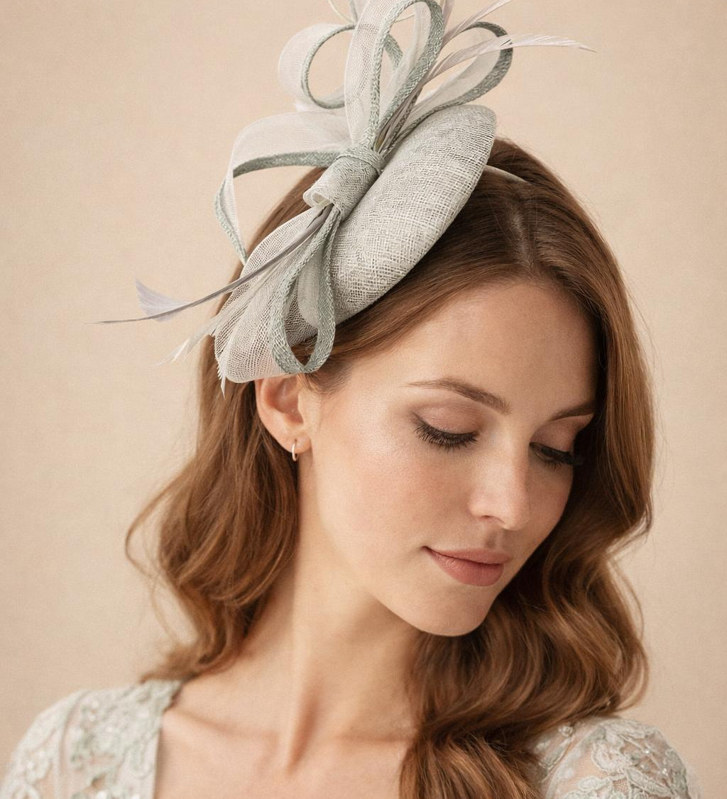 Round Pill Box Fascinator with Bow & Feathers in Grey - svnx