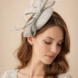 Round Pill Box Fascinator with Bow & Feathers in Grey - svnx