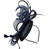 Round Pill Box Fascinator with Bow & Feathers in Navy - svnx