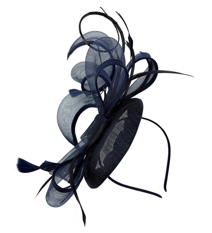 Round Pill Box Fascinator with Bow & Feathers in Navy - svnx